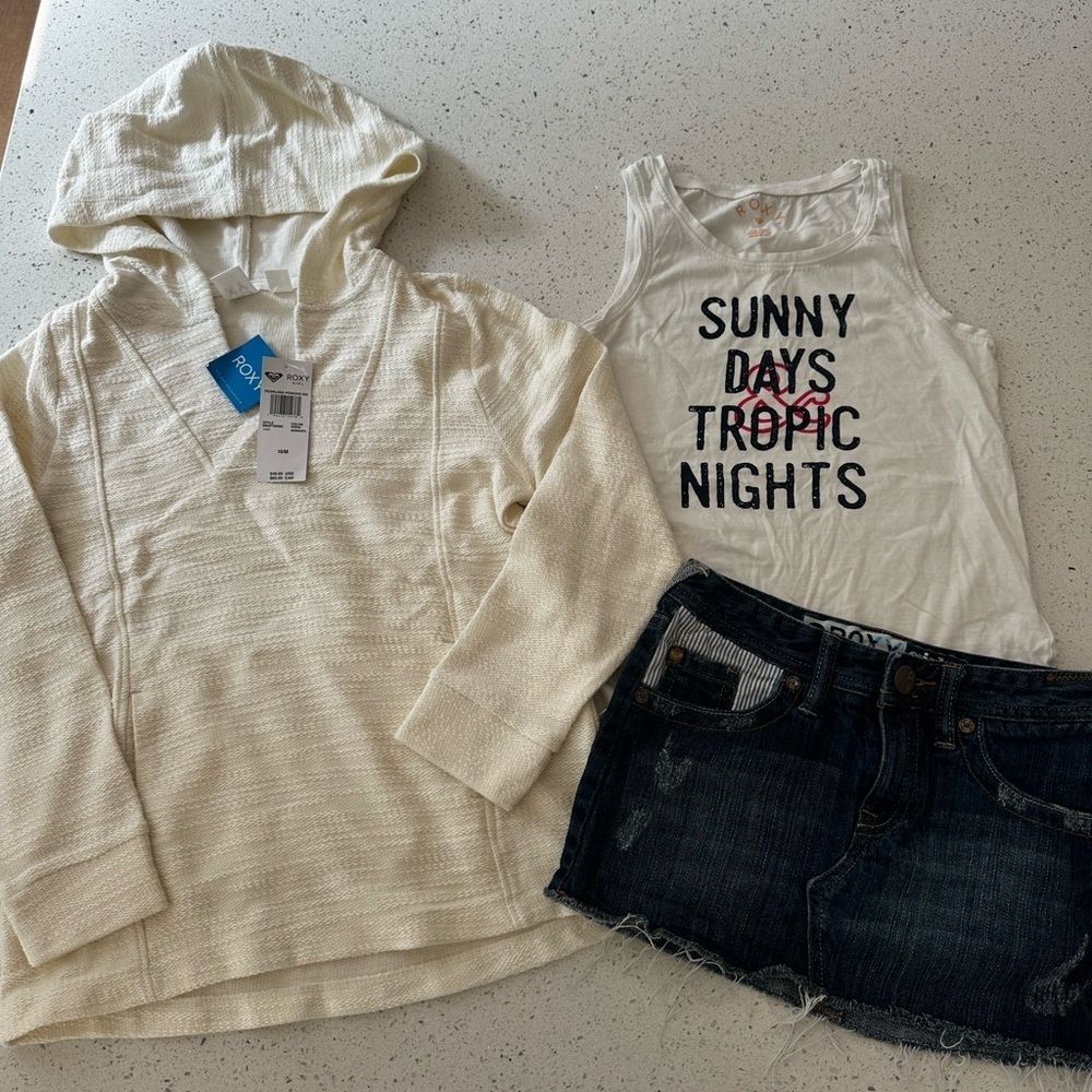 Roxy Cream Hoodie, Jean skirt and White Graphic Tank Set